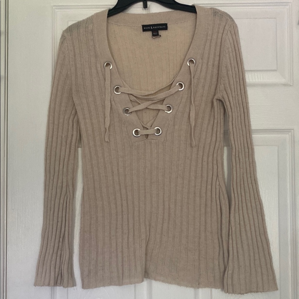 Women’s Beige Lace-Up Ribbed Sweater
